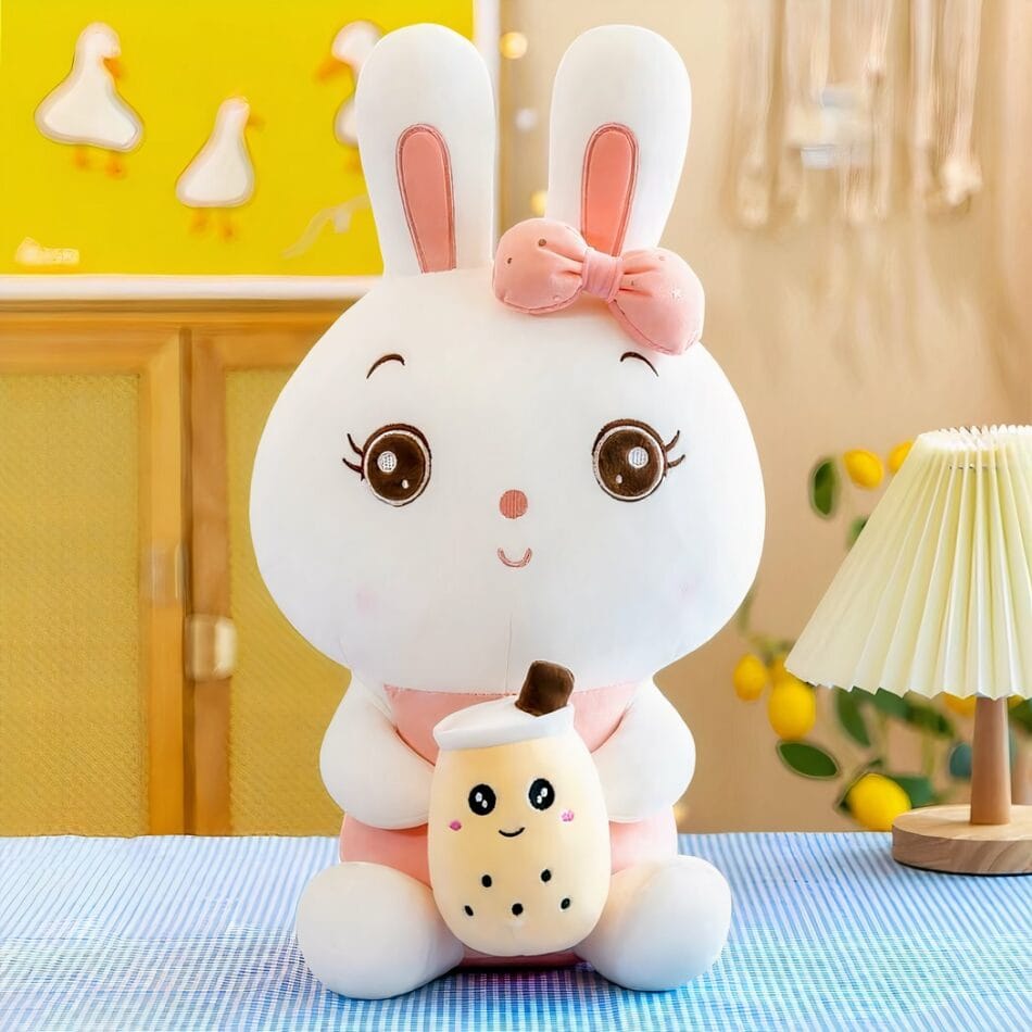Knuffel Konijn Bubble Tea Geborduurde Ogen Strikje Compact Formaat De Knuffel