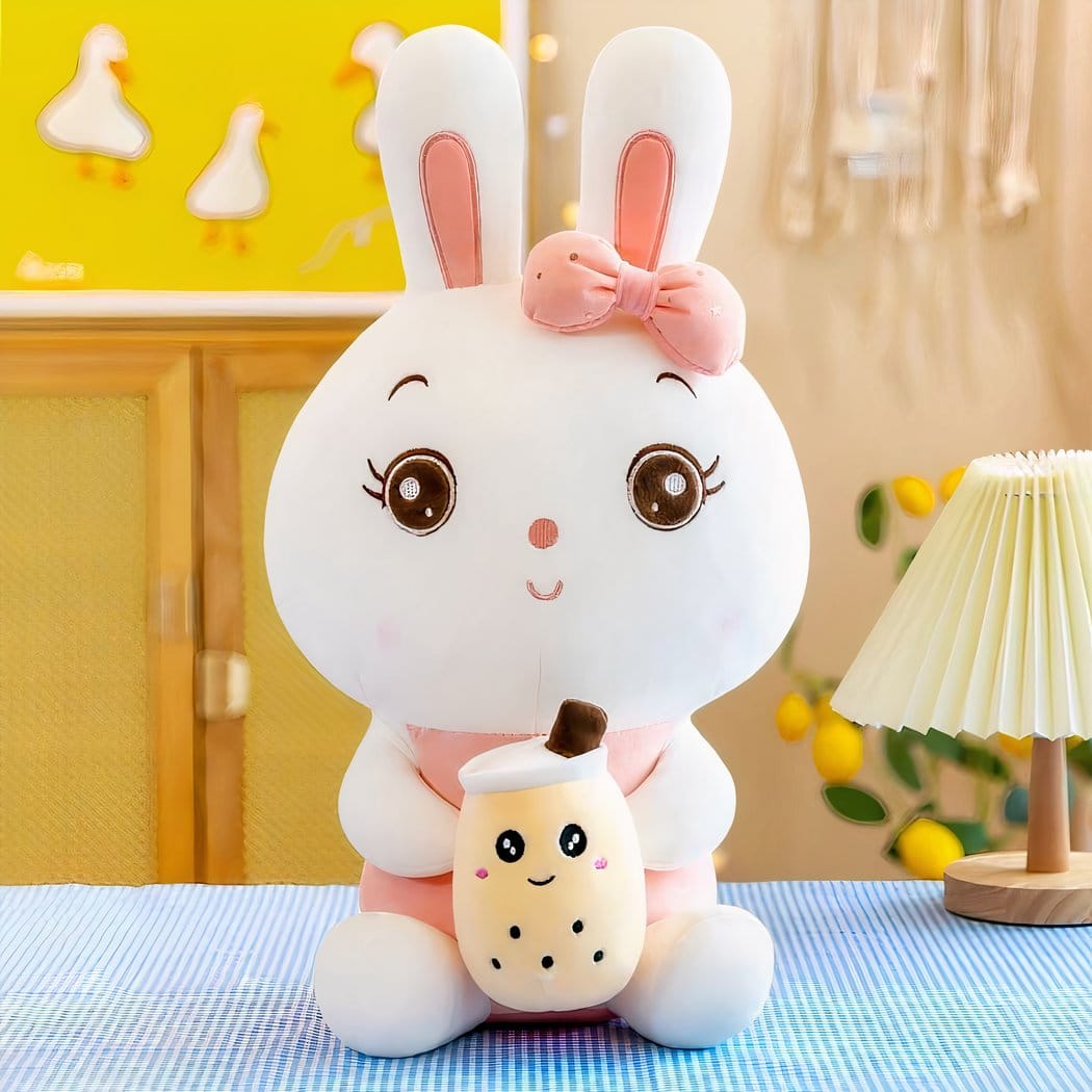 Knuffel Konijn Bubble Tea Geborduurde Ogen Strikje Compact Formaat De Knuffel 50-cm