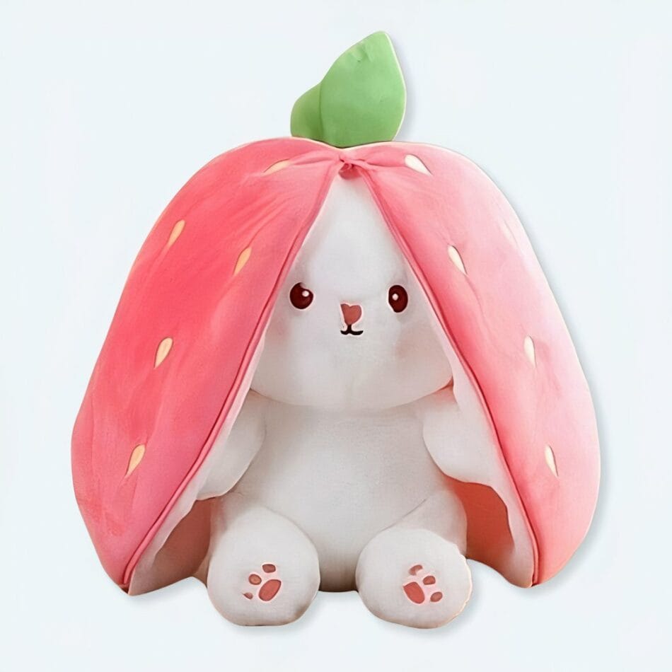 Knuffel Konijn Transformeert in Roze Aardbei met Groen Blaadje De Knuffel