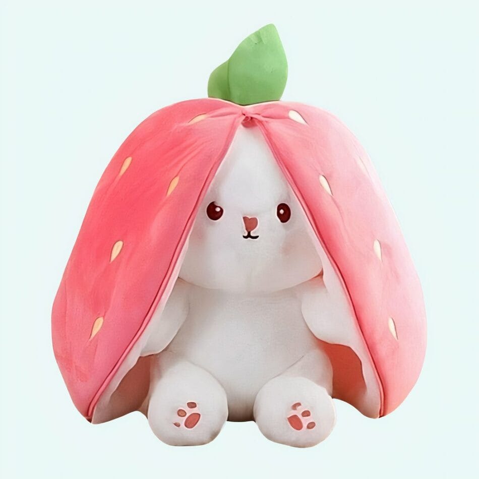 Knuffel Konijn Transformeert in Roze Aardbei met Groen Blaadje De Knuffel