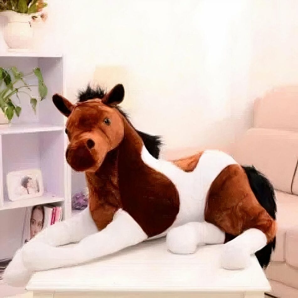Knuffel Paard Wit Bruin Zadel met Sprankelende Ogen De Knuffel