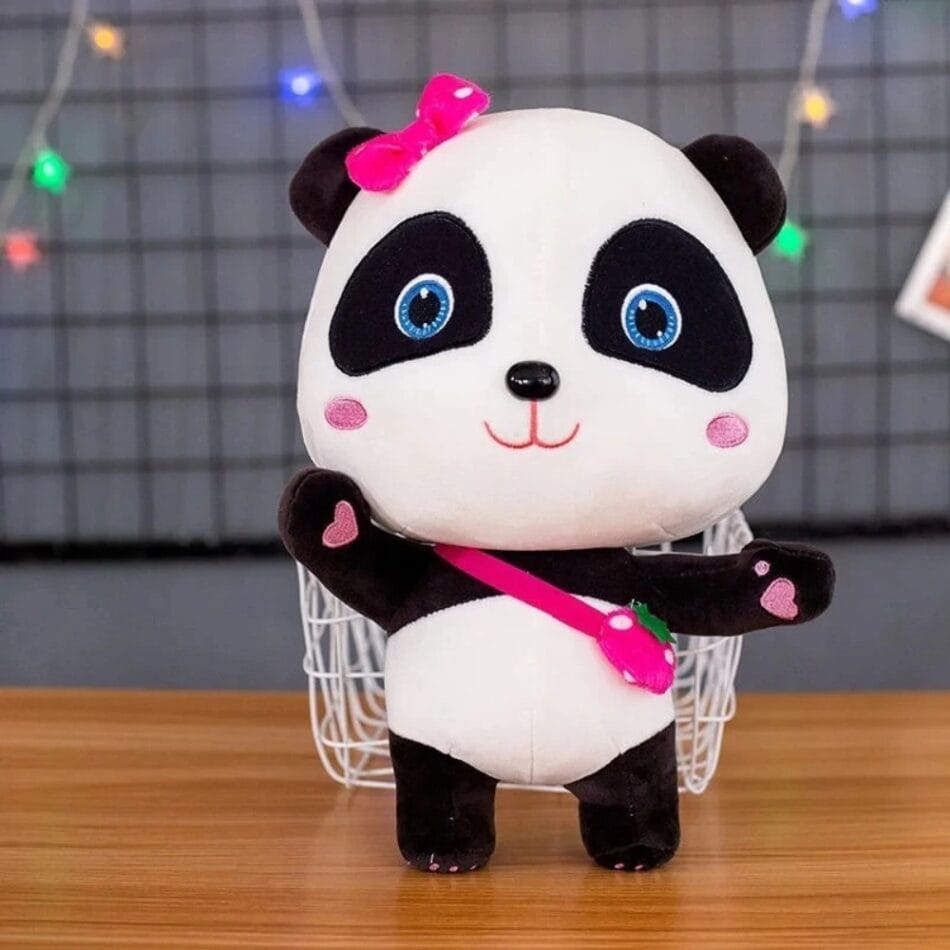 Knuffel Panda Baby Bus Roze 22 cm met Blauwe Ogen De Knuffel