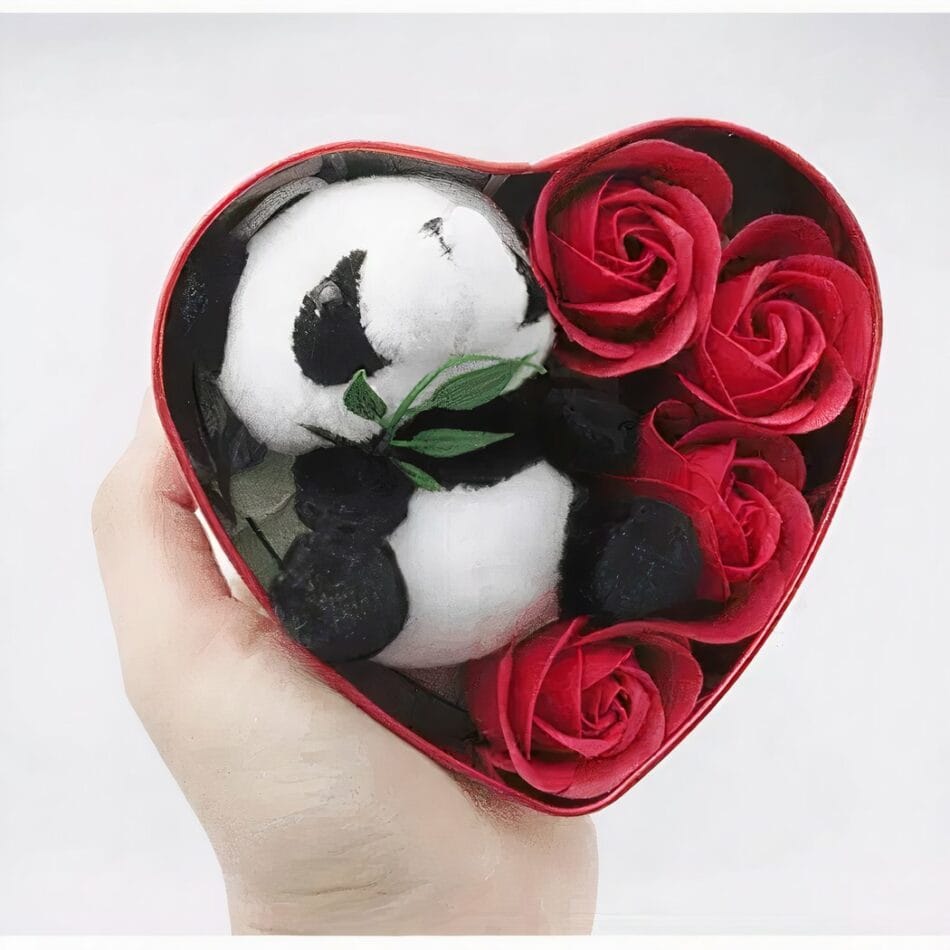 Knuffel Panda Geschenkset met Rode Saint Valentin Coffret en Rozen De Knuffel