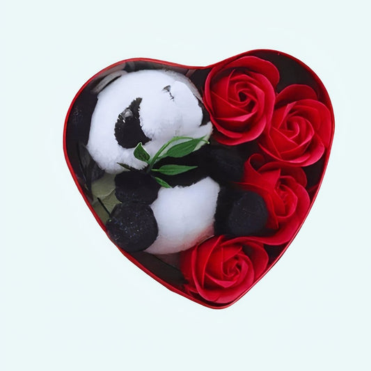 Knuffel Panda Geschenkset met Rode Saint Valentin Coffret en Rozen De Knuffel