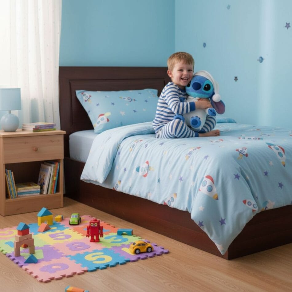 Knuffel Stitch in Pyjama met Wit Nachtbonnetje De Knuffel