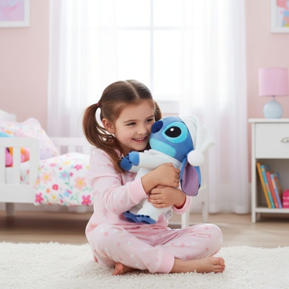 Knuffel Stitch in Pyjama met Wit Nachtbonnetje De Knuffel