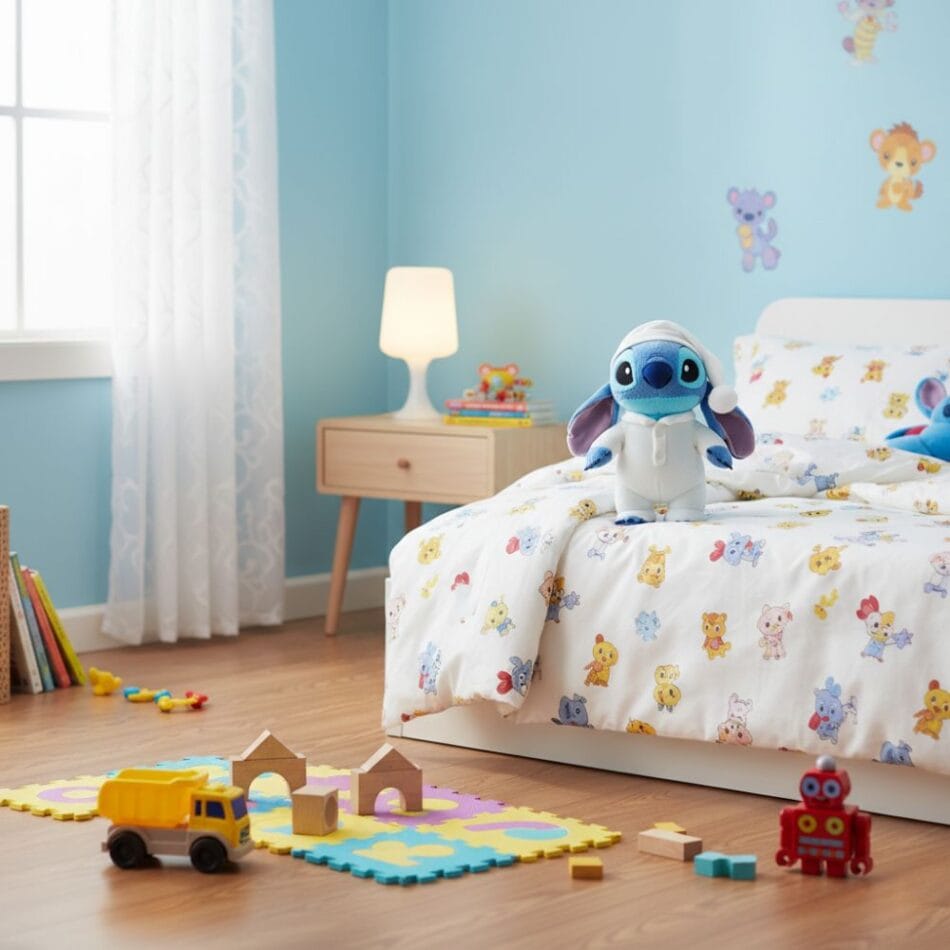 Knuffel Stitch in Pyjama met Wit Nachtbonnetje De Knuffel