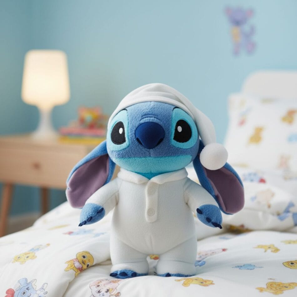Knuffel Stitch in Pyjama met Wit Nachtbonnetje De Knuffel