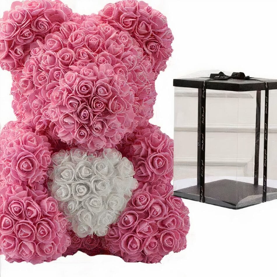 Knuffelbeer met Roze Textielrozen 40 cm Valentijnscadeau De Knuffel