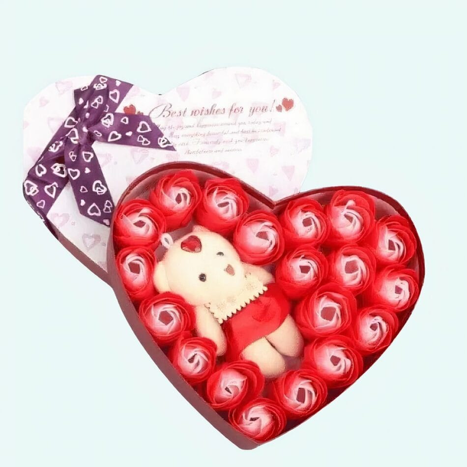 Knuffelbeer Rood Liefdesset Met Rozen In Cadeaudoos De Knuffel