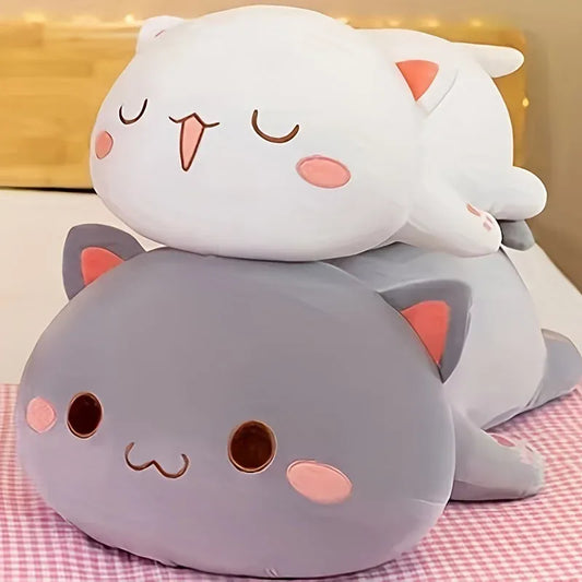 Liggende Kat Knuffelkussen | Kawaii Poes in Wit of Grijs De Knuffel