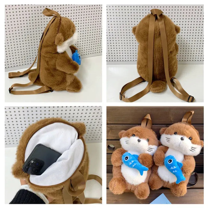 Otter Knuffel Rugzak | Pluche Kawaii Rugtas Otter met Vis De Knuffel