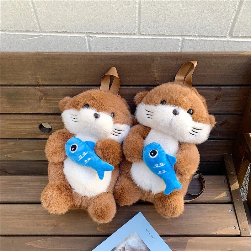 Otter Knuffel Rugzak | Pluche Kawaii Rugtas Otter met Vis De Knuffel