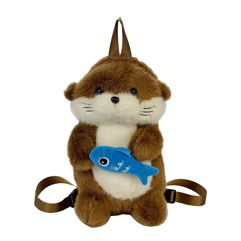 Otter Knuffel Rugzak | Pluche Kawaii Rugtas Otter met Vis De Knuffel