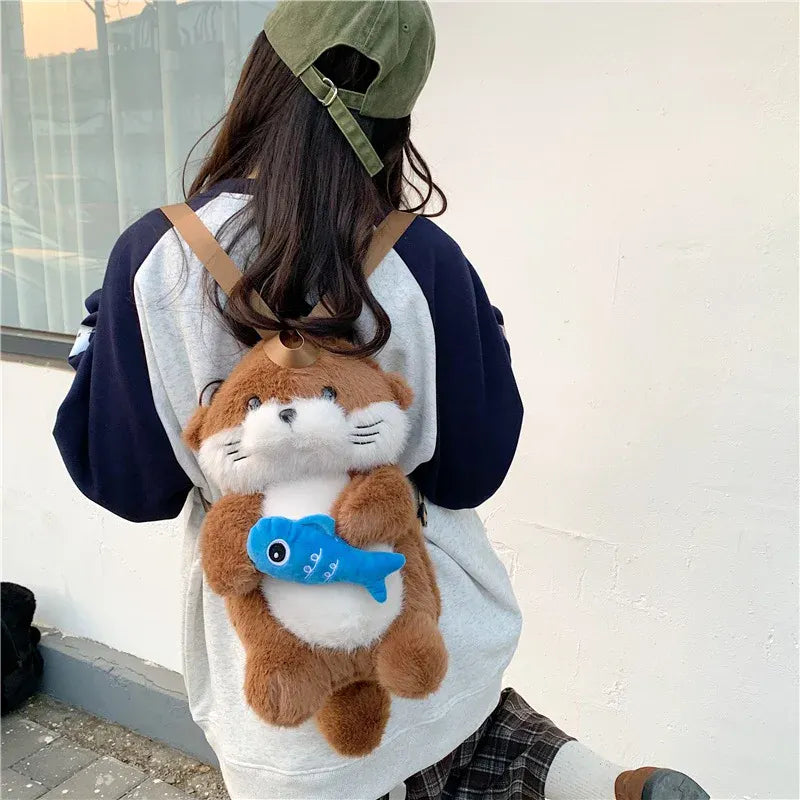 Otter Knuffel Rugzak | Pluche Kawaii Rugtas Otter met Vis De Knuffel
