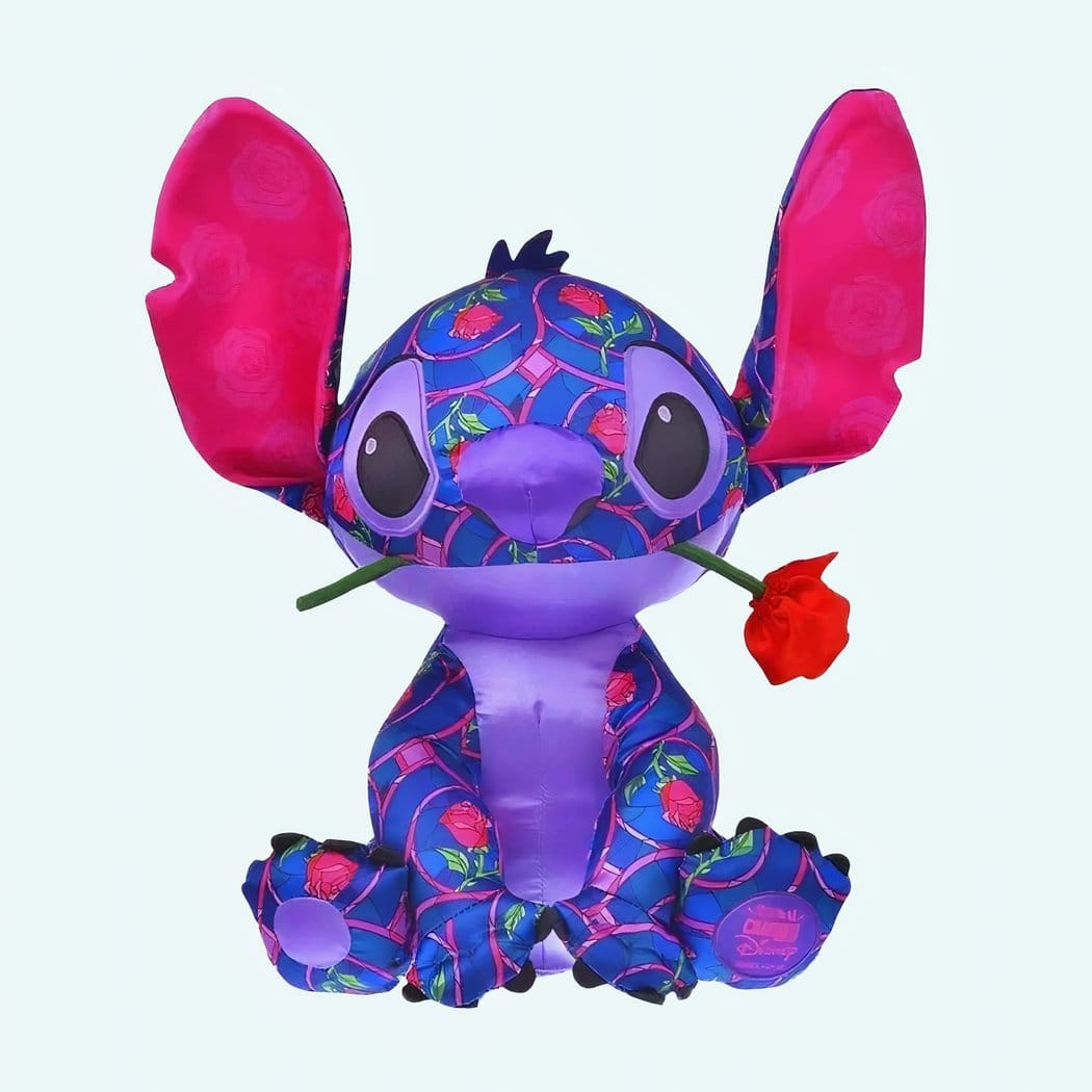 Paarse Stitch Knuffel Met Rode Roos Tussen De Tanden De Knuffel