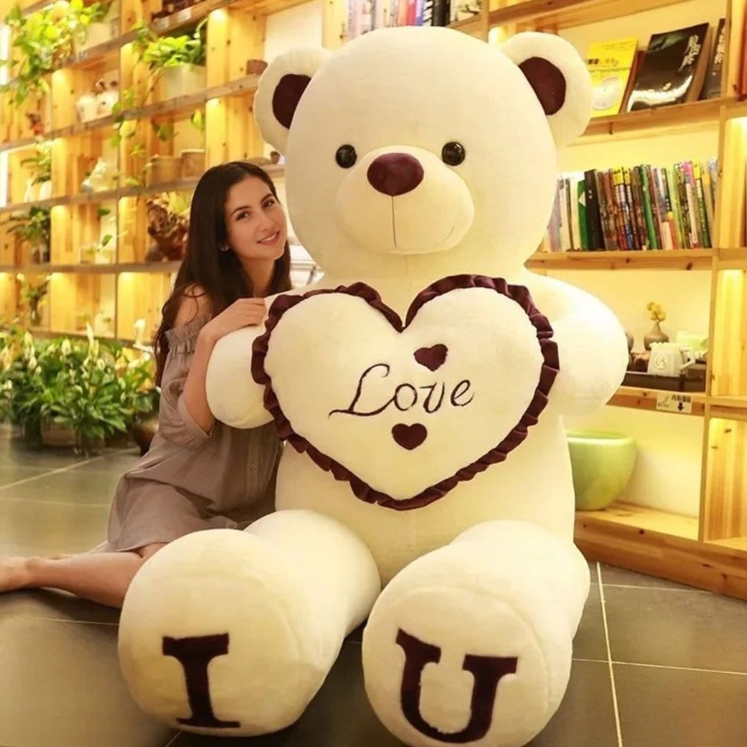 Pluchen Beer Reuzenhart Love Knuffel Met Geborduurd Hart Twee Maten De Knuffel 80cm / beige