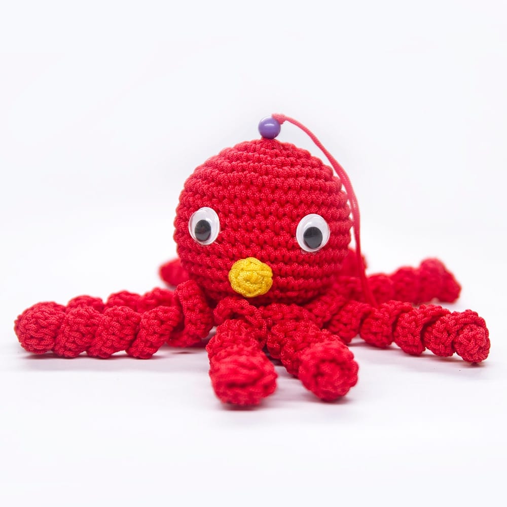 Rode Octopus-Knuffel Met Acht Gevlochten Nylon Tentakels Geel Neusje De Knuffel