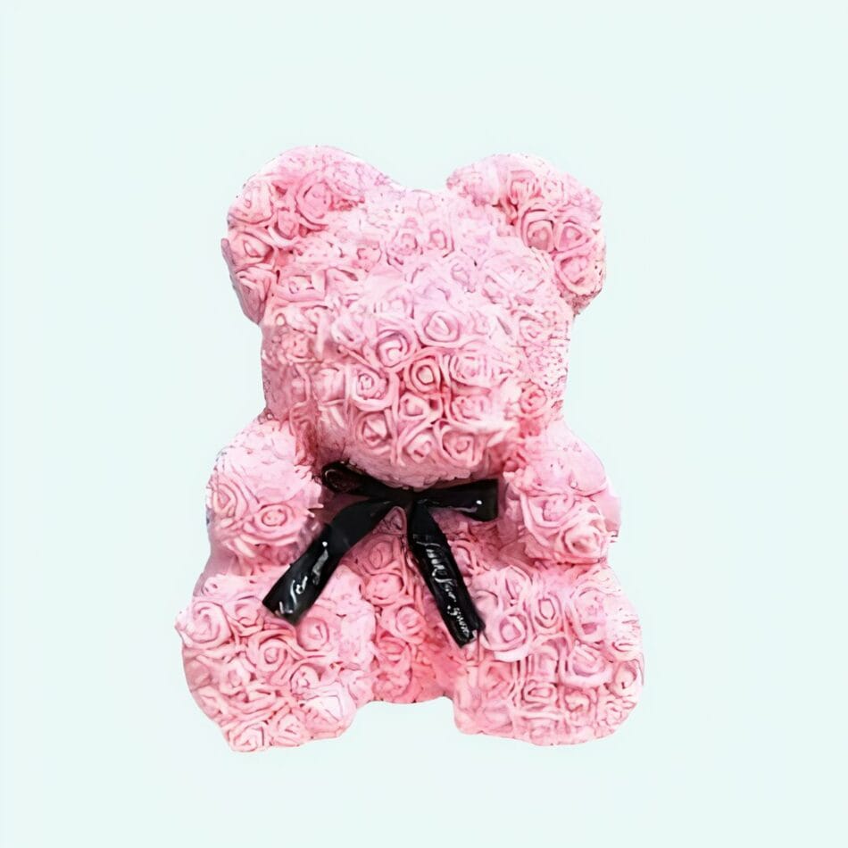 Roze Knuffelbeer met Bloemenpatroon en Halsknoop De Knuffel