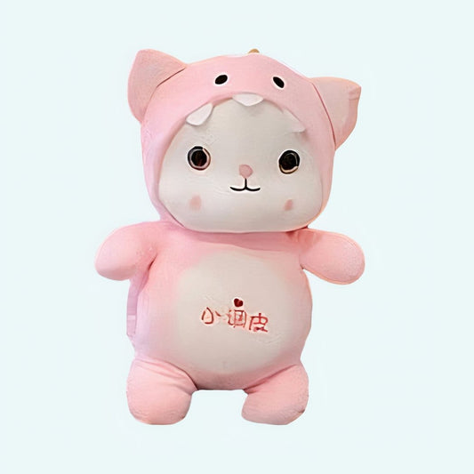 Roze Knuffelkat Verkleed Als Dinosaurus - Pluizige Kamerdecoratie De Knuffel 25cm