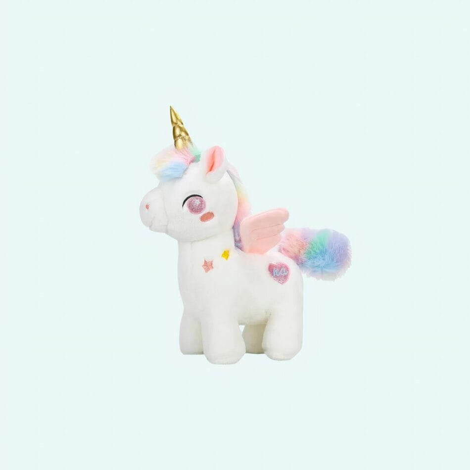 Schattige Eenhoornknuffel Met Gouden Hoorn En Regenboogvleugels De Knuffel