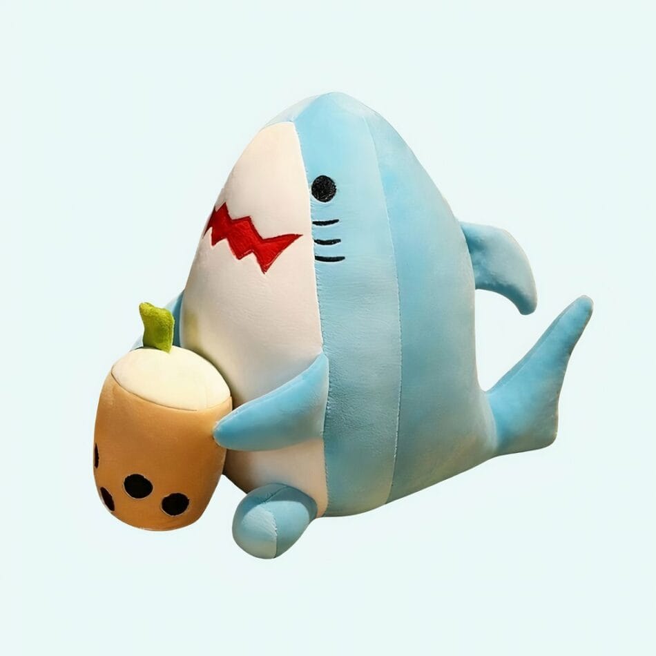 Schattige Knuffel Haai met Bubble Tea Accessoire De Knuffel