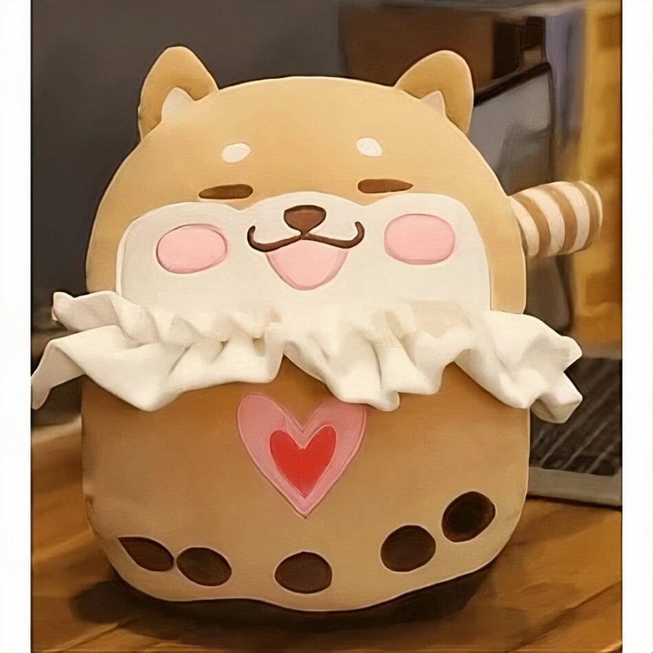 Schattige Shiba-achtige Knuffel Met Zijdeachtige Vacht En Glimlach De Knuffel