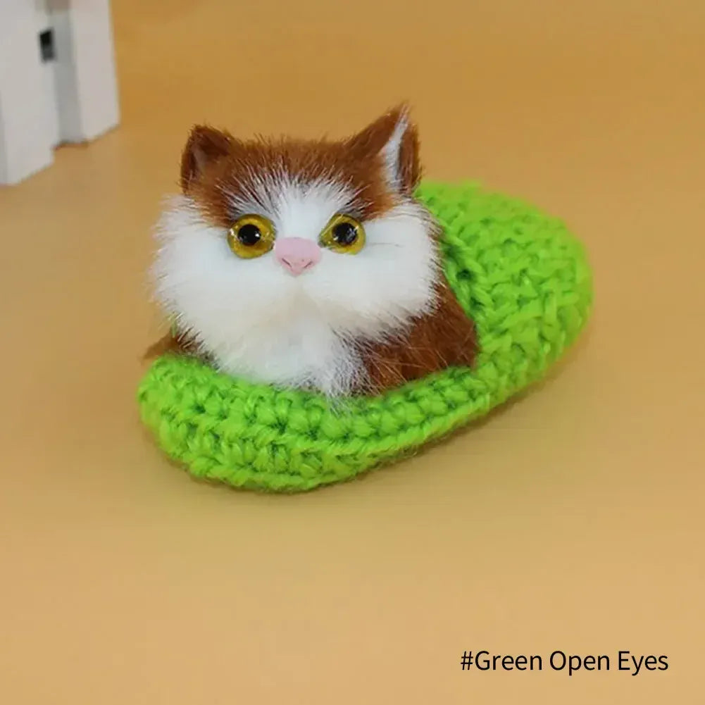 Slapend Poesje met Geluid | Realistische Kat Knuffel, 20 Modellen De Knuffel Mandje Groen, Ogen Open