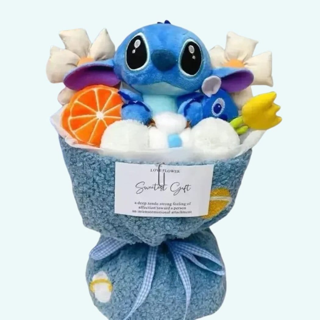 Stitch of Angel Beker Knuffel met Kleurige Fruitknuffels De Knuffel stitch