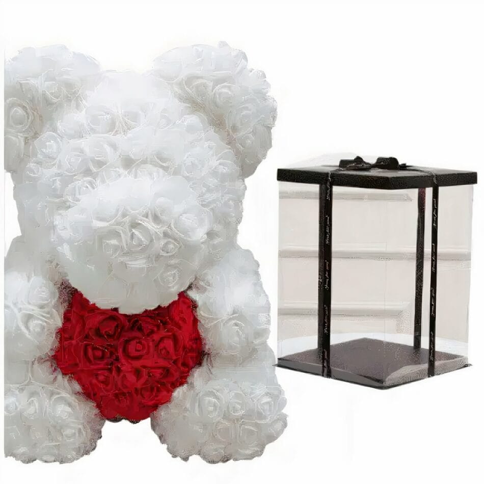 Twee Knuffelberen met Hartknuffel en Witte Rozen in Elegant Coffret De Knuffel
