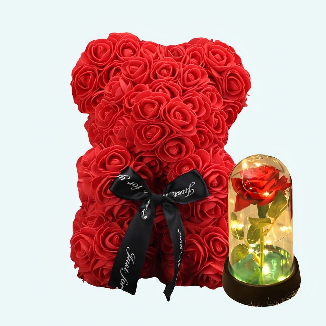 Valentijns Beertje met Rozen en Eeuwige Roos De Knuffel