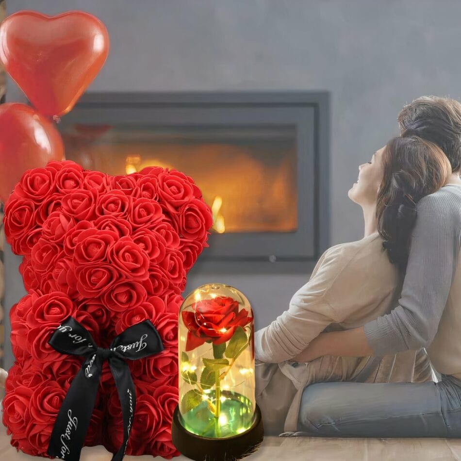 Valentijns Beertje met Rozen en Eeuwige Roos De Knuffel