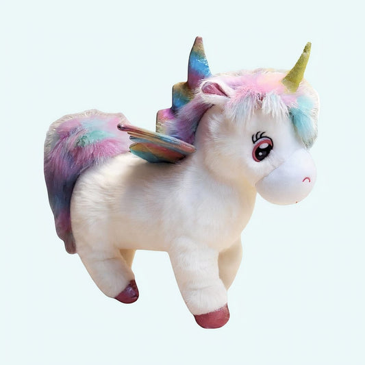 Witte Knuffel Eenhoorn Met Gouden Hoorn En Regenboogkleurige Vleugels De Knuffel 35-cm