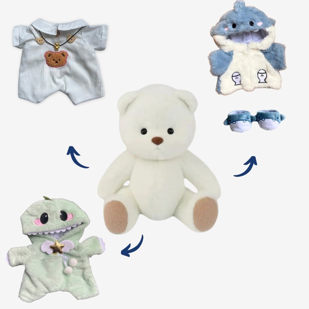 Witte Knuffelbeer Met Gewrichten Handgemaakt In Elegant Pakje De Knuffel pack-ours-blanc-combinaison-dinosaure-requin