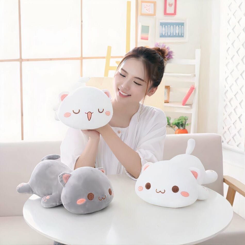 Witte Knuffelkat Kawaii Slapend Zachte Knuffel De Knuffel