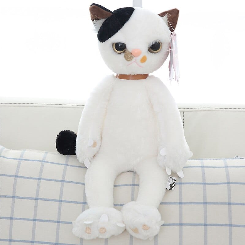 Witte Knuffelkat Zittend met Zijdeachtige Zwarte en Witte Vacht De Knuffel