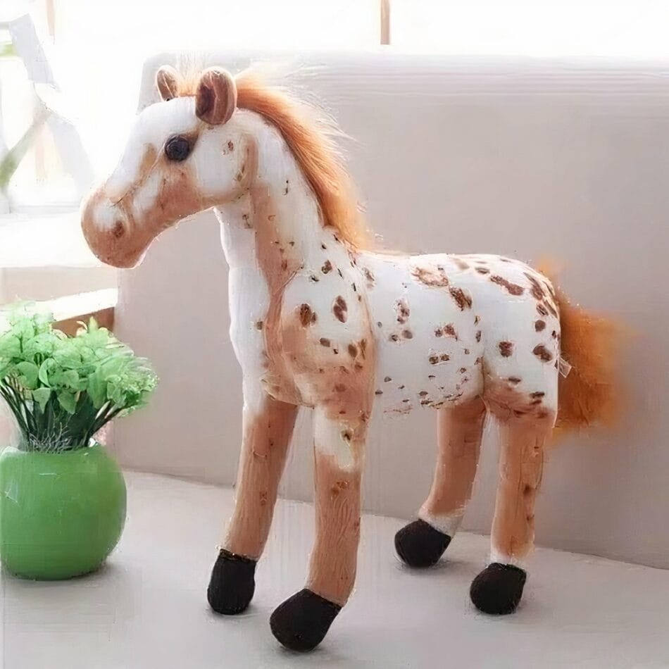 Zacht Knuffelpaard Wit en Bruin met Donkerbruine Hoefjes De Knuffel