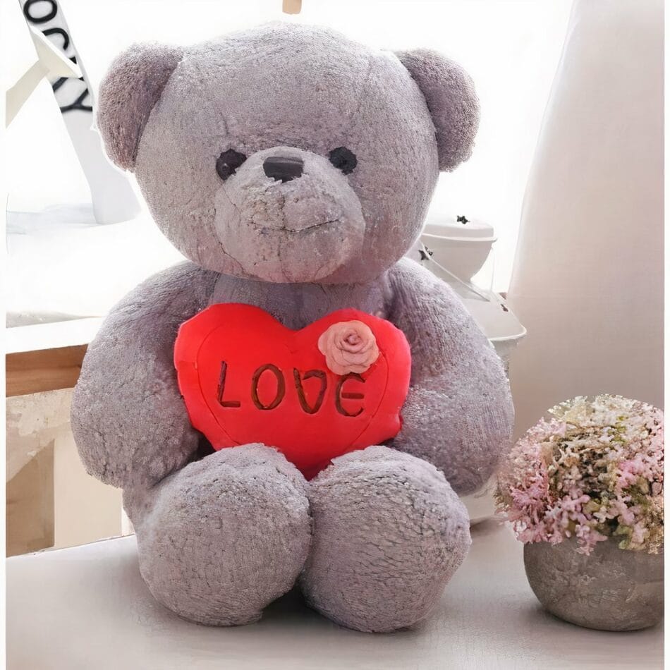 Zachte Grijze Knuffelbeer Love Met Rood Hart Op Buik De Knuffel