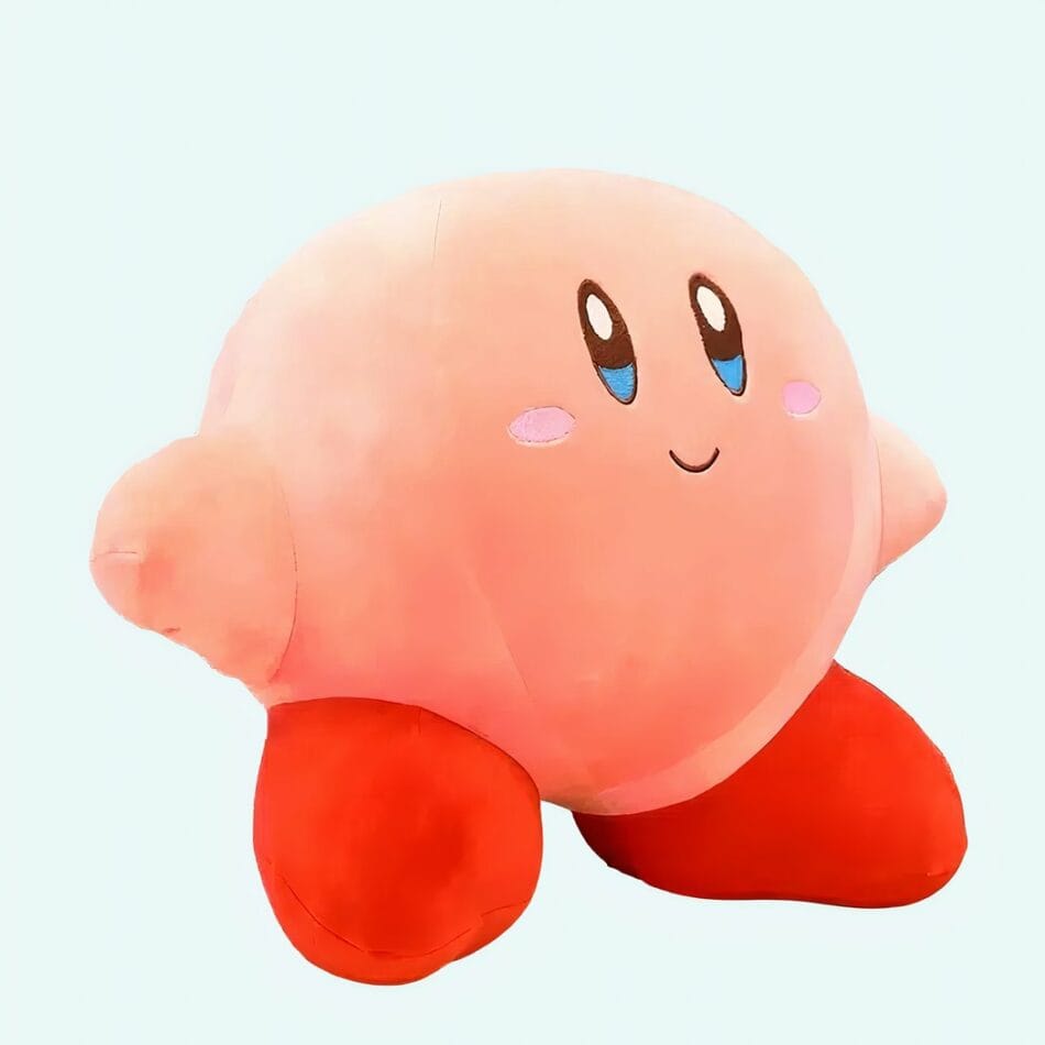 Zachte Roze Kirby Knuffel Met Rode Cape Glimlachende Mascotte De Knuffel