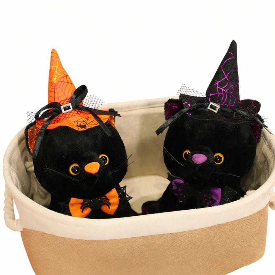 Zwarte Kat Knuffel met Halloween Kostuum Puntmuts en Spinnenwebstrik De Knuffel