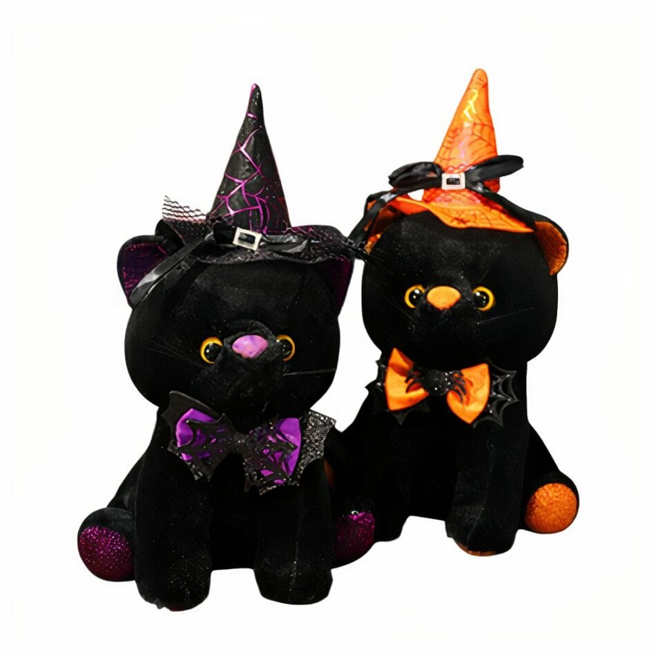Zwarte Kat Knuffel met Halloween Kostuum Puntmuts en Spinnenwebstrik De Knuffel