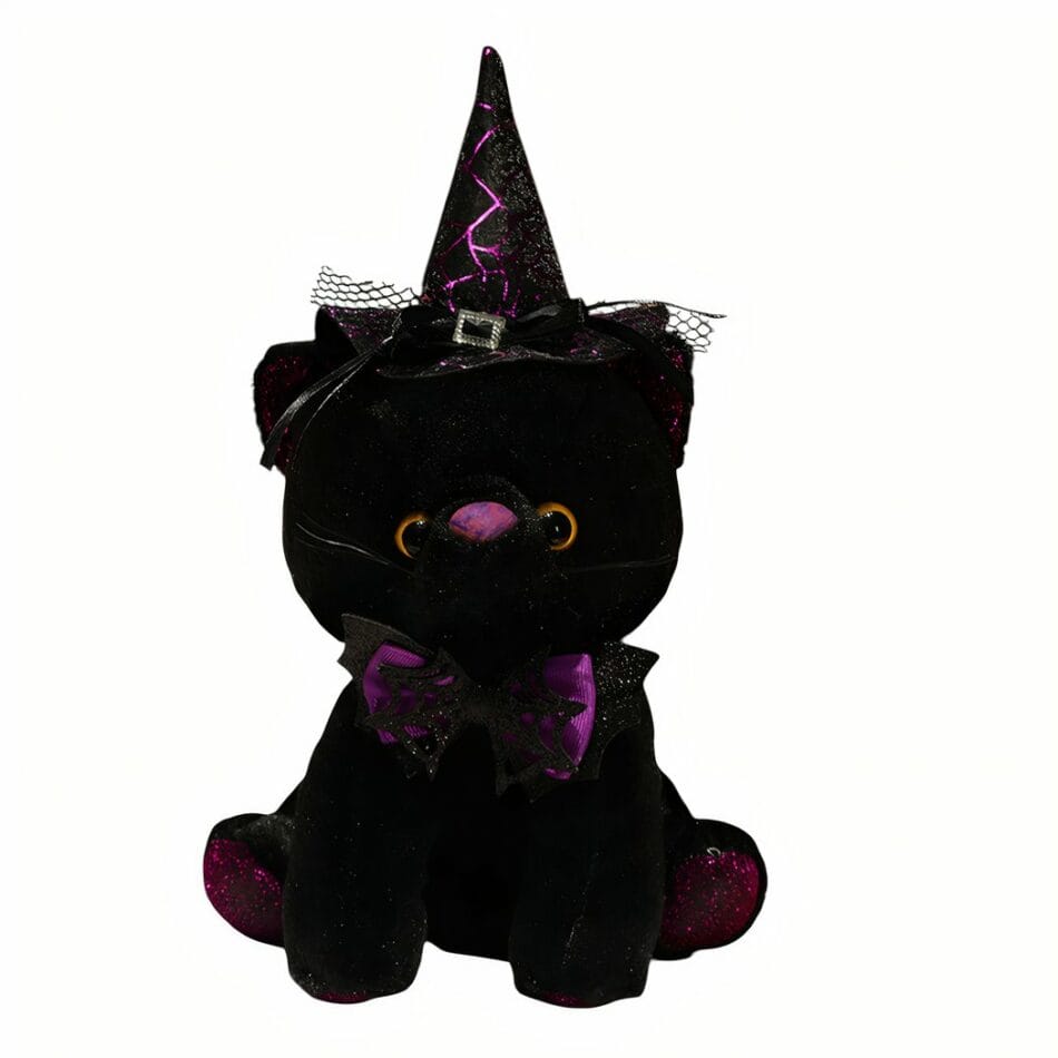 Zwarte Kat Knuffel met Halloween Kostuum Puntmuts en Spinnenwebstrik De Knuffel