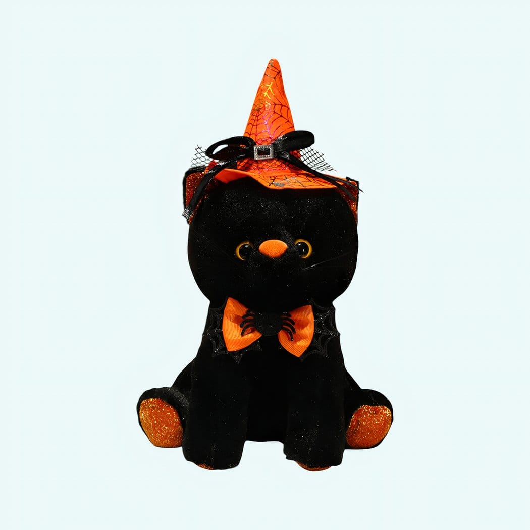 Zwarte Kat Knuffel met Halloween Kostuum Puntmuts en Spinnenwebstrik De Knuffel oranje