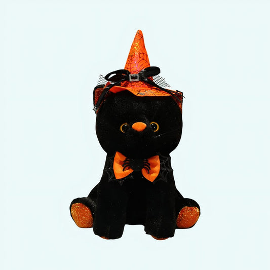Zwarte Kat Knuffel met Halloween Kostuum Puntmuts en Spinnenwebstrik De Knuffel oranje