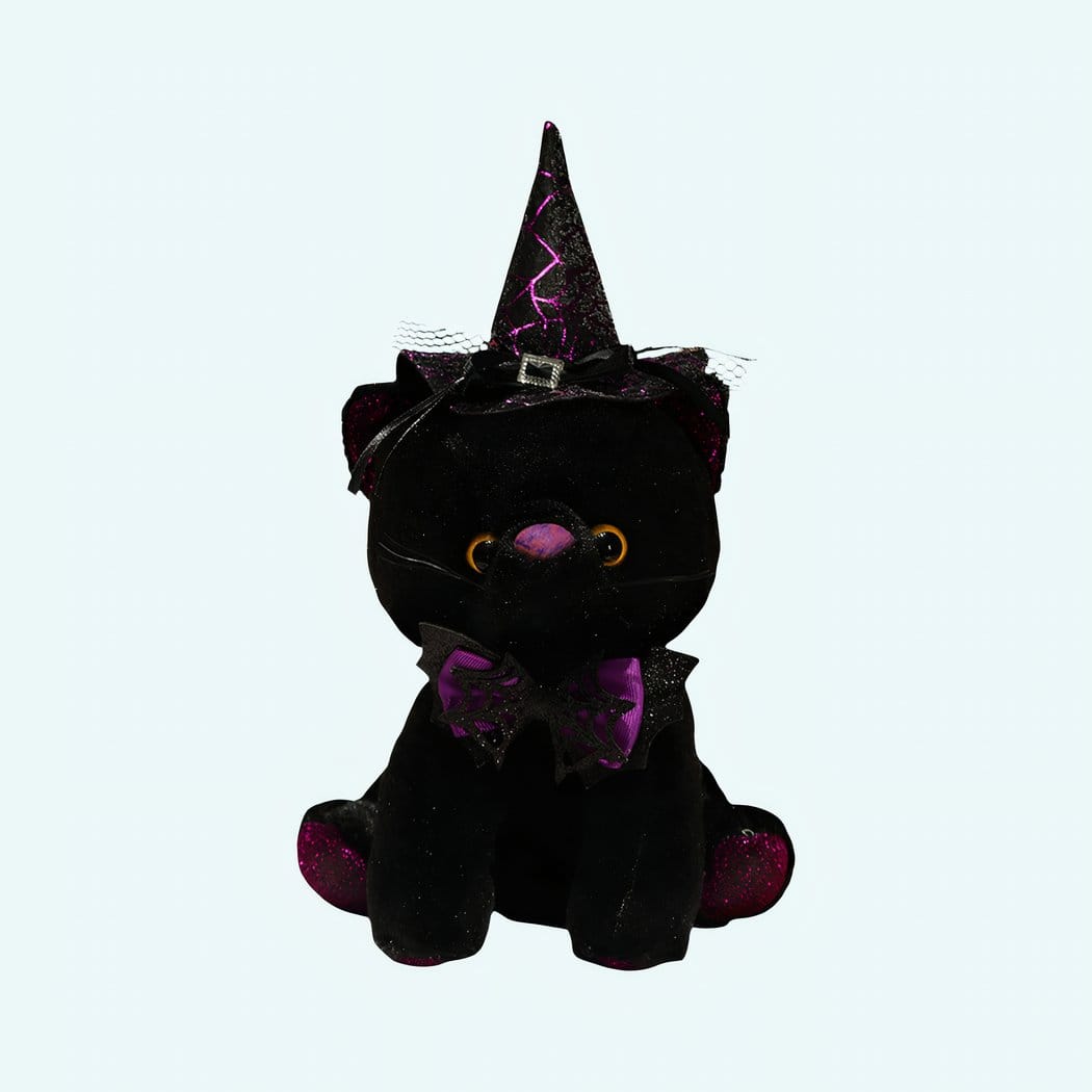 Zwarte Kat Knuffel met Halloween Kostuum Puntmuts en Spinnenwebstrik De Knuffel paars
