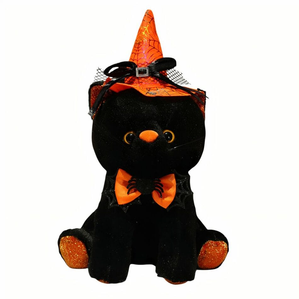 Zwarte Kat Knuffel met Halloween Kostuum Puntmuts en Spinnenwebstrik De Knuffel