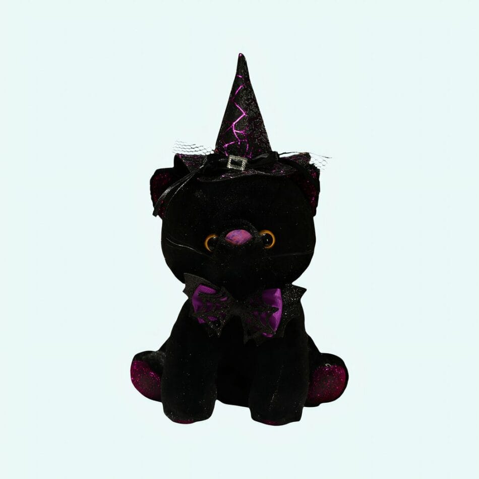 Zwarte Kat Knuffel met Halloween Kostuum Puntmuts en Spinnenwebstrik De Knuffel
