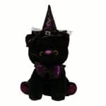 Zwarte Kat Knuffel met Halloween Kostuum Puntmuts en Spinnenwebstrik De Knuffel