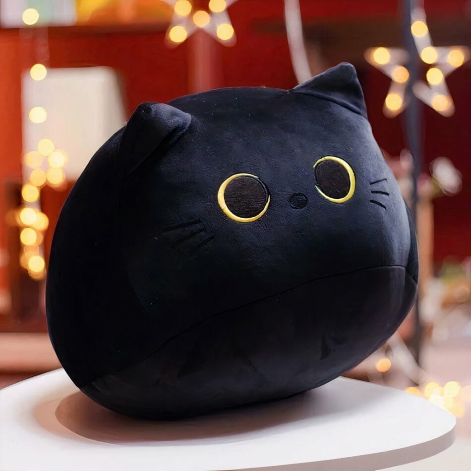 Zwarte Katvormig Knuffelkussen Met Zachte Pluche Katoenen Vulling De Knuffel